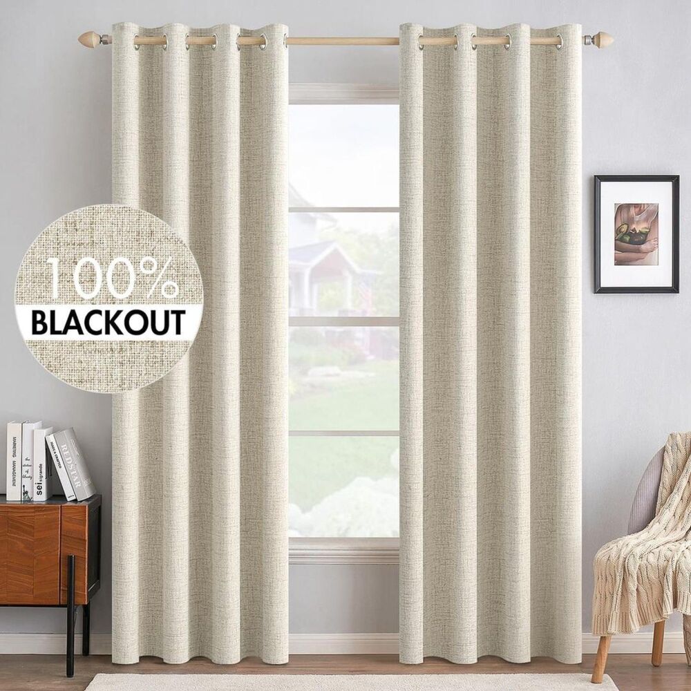 Brand New Miulee Cream 100% Blackout Linen Textured Curtain 52"W × 96"L 2 Panels